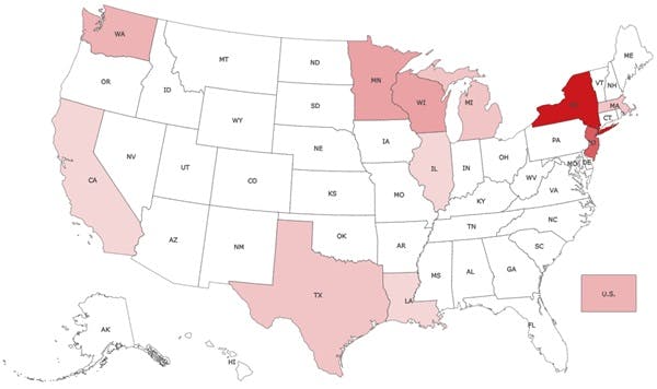 Distribution of deepfake legislation around the US