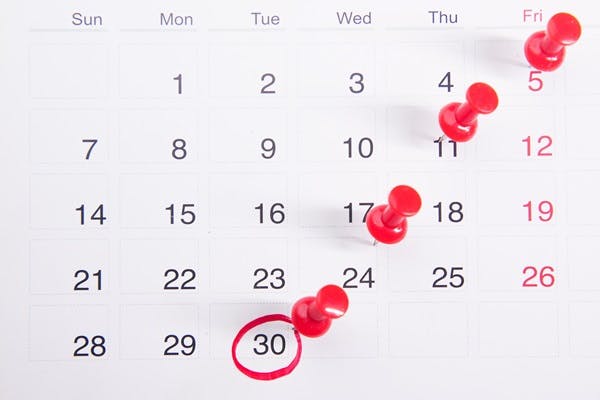 A calendar with red pins