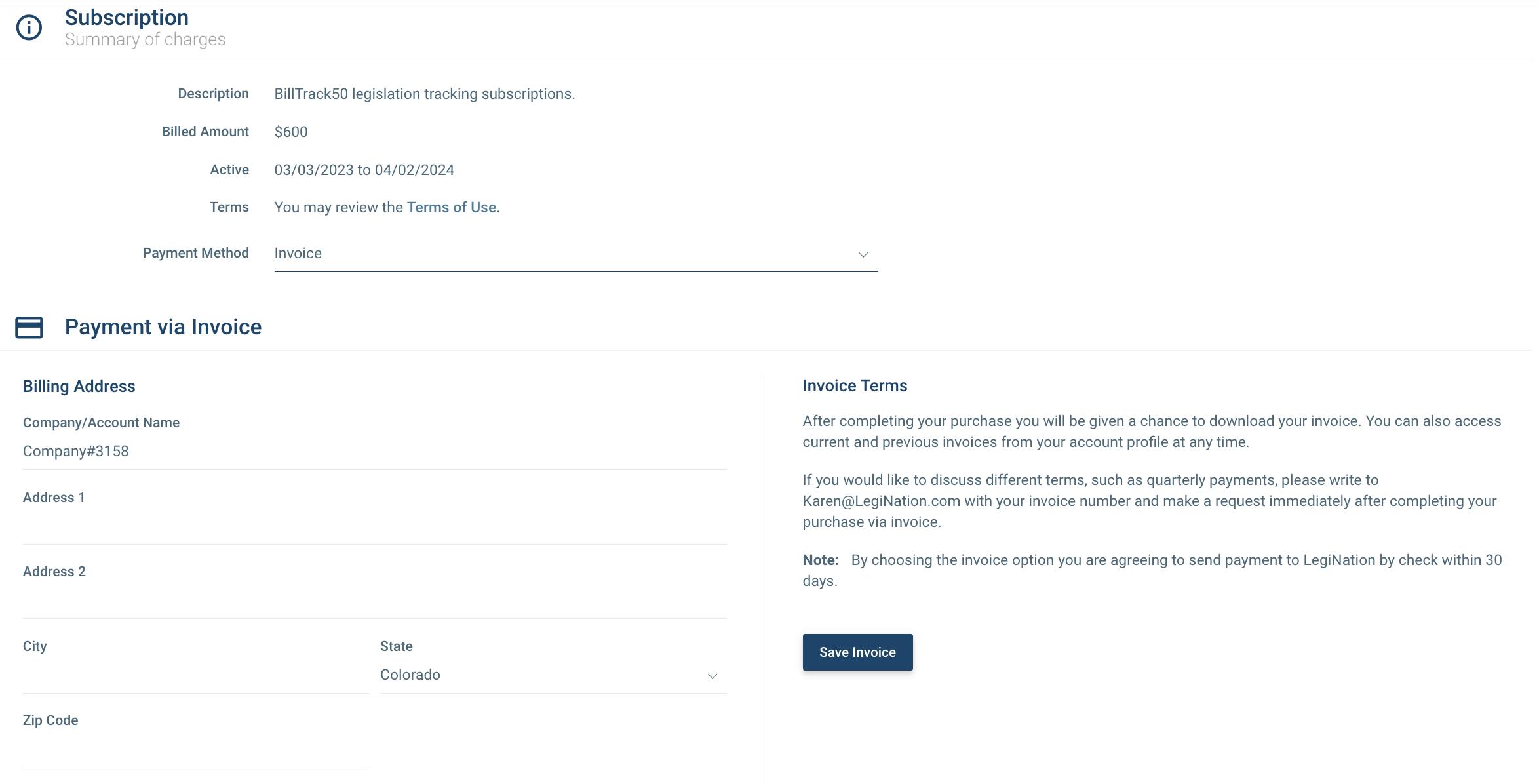 Screenshot of an Invoice payment method check out