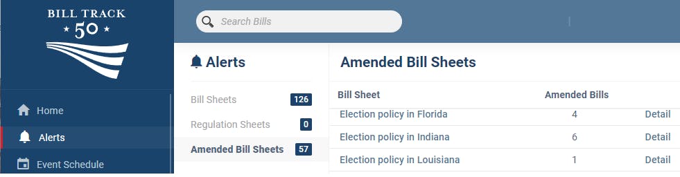 BillTrack50 homepage highlighting Alerts 