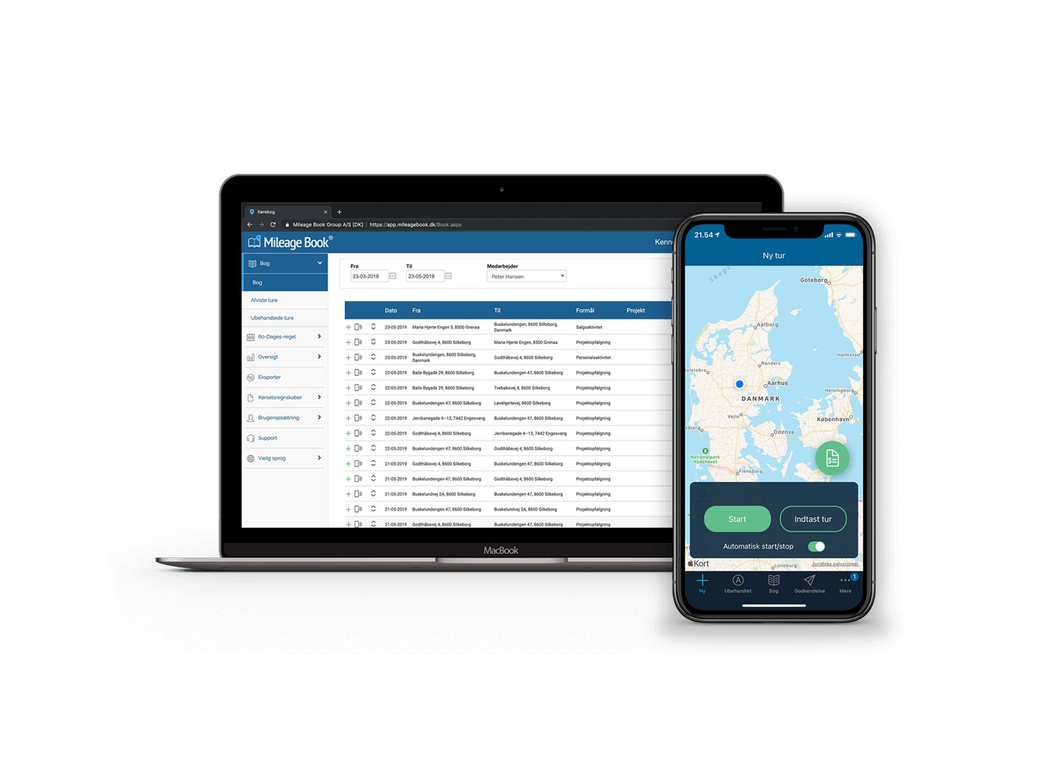 Download Mileage Book appen gratis til din mobiltelefon. Så er du klar til nem kørselsregnskab på farten. Men du har også adgang til din kørebog på computeren. 