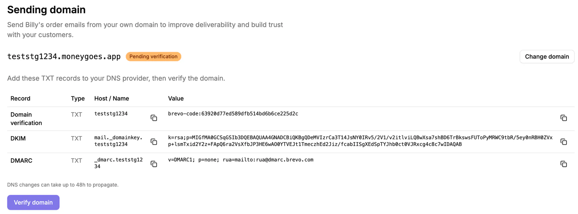 The three TXT records to add, with the domain pending verification