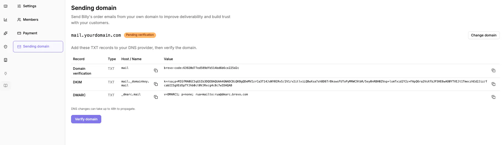 The domain verification screen, showing the DNS records as verified and sending switched on