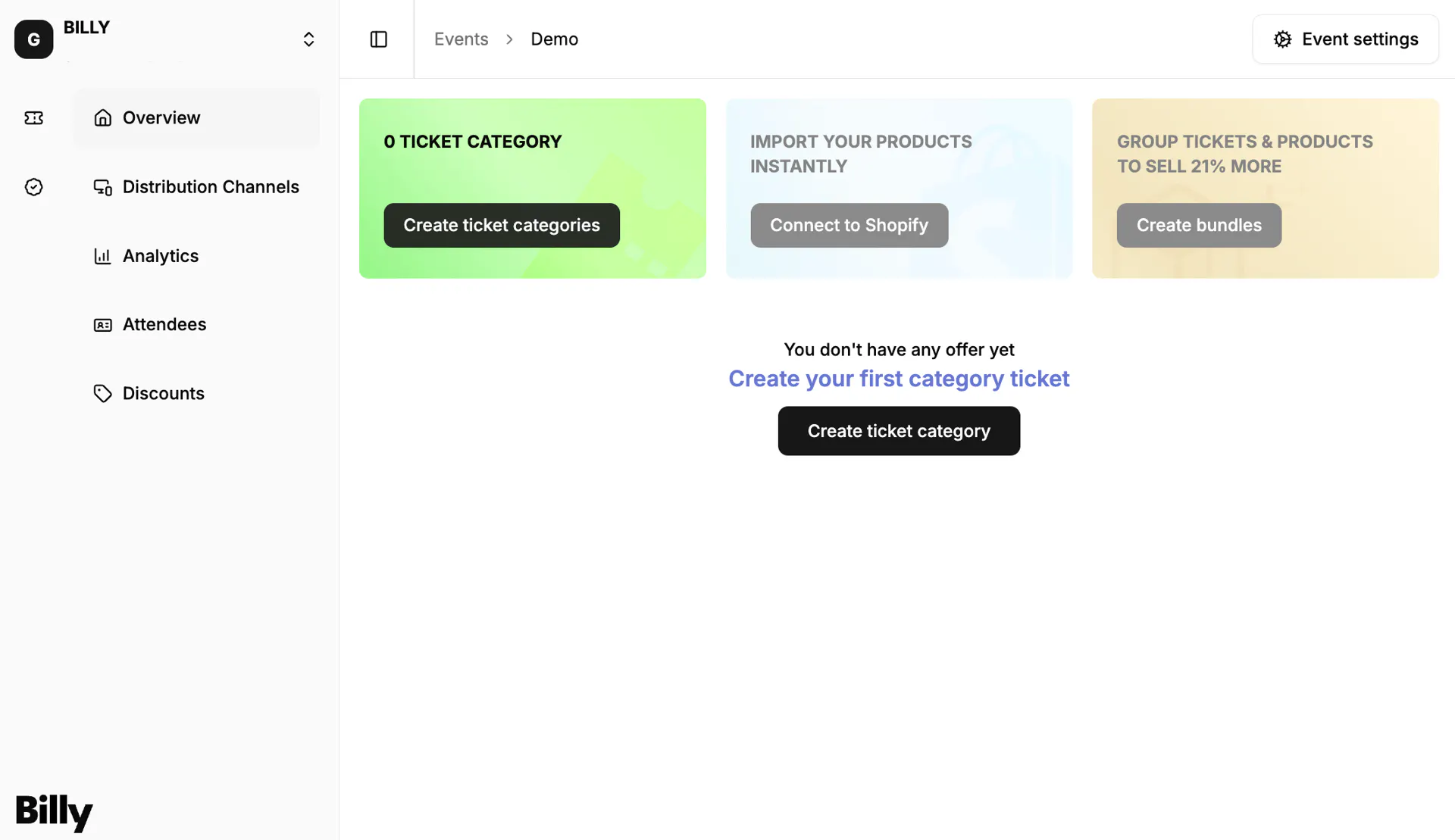 The Tickets & Product tab listing the ticket categories of an event