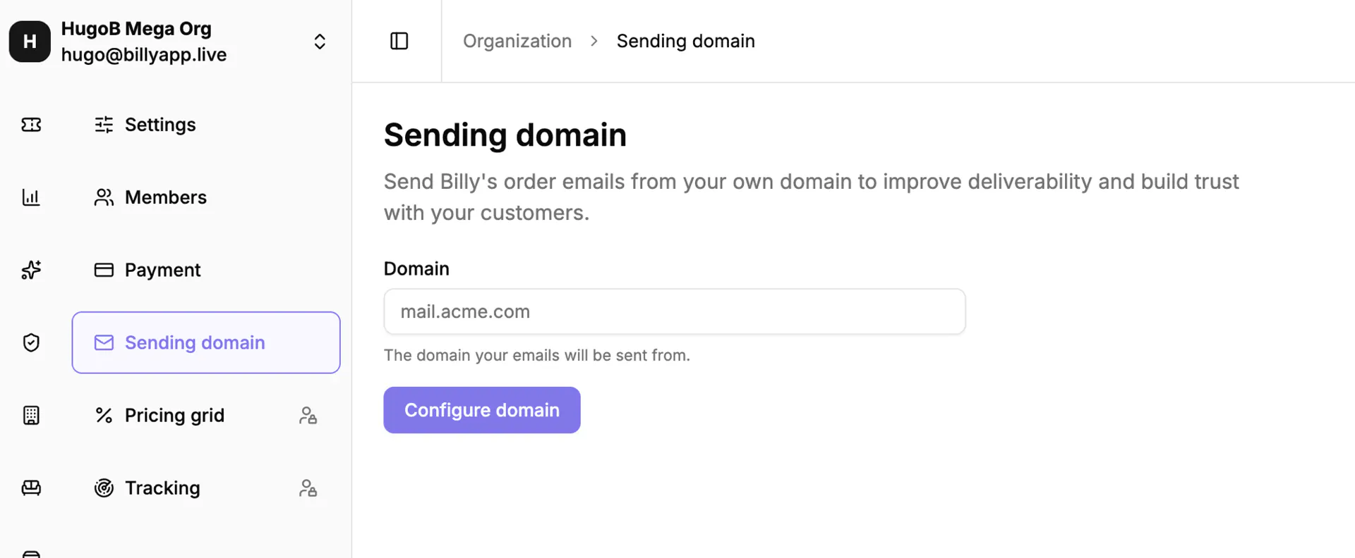 The Sending domain page with an empty domain field