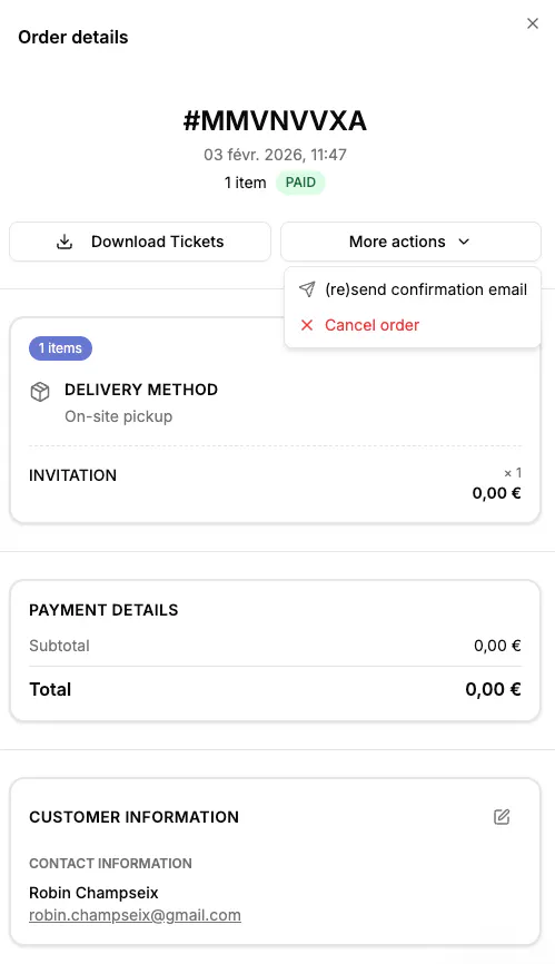 The Resend confirmation email action on the Order details panel