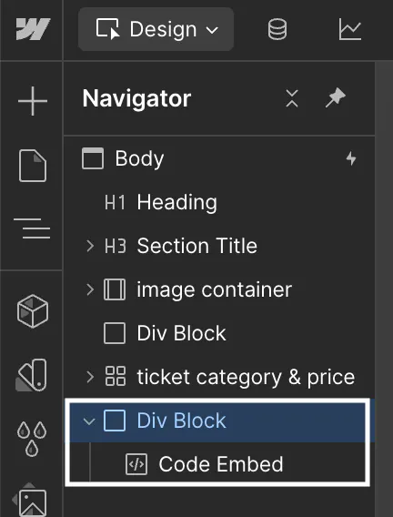 The Webflow Add Elements panel showing a Code Embed being added to the current page