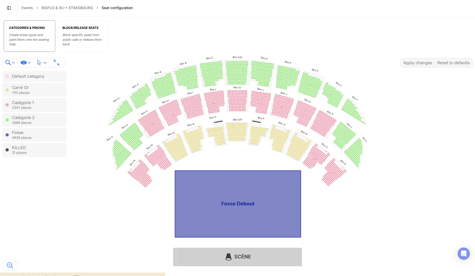 L'éditeur de plan de salle, affichant le plan du lieu avec les places colorées par catégorie de billet