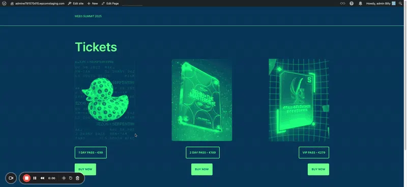 Animation montrant le widget Billy intégré sur une page WordPress