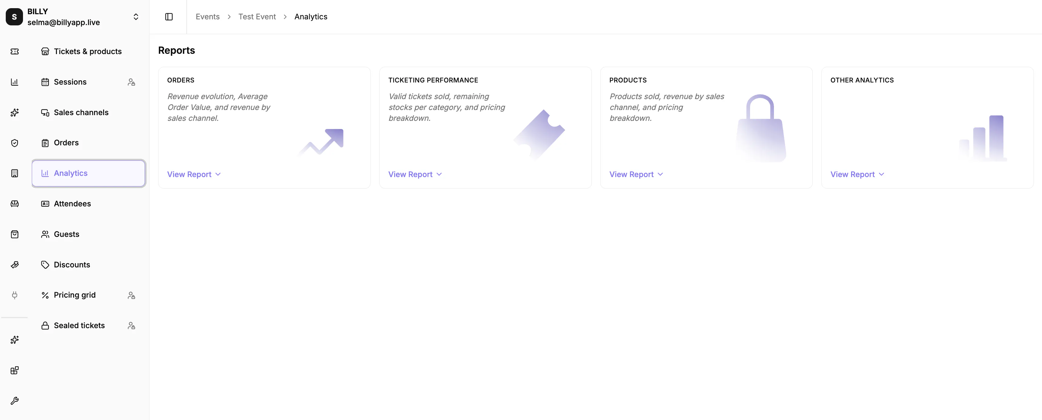 La grille des rapports Analytics d'un événement, avec les rapports Orders, Ticketing performance, Products et Other analytics