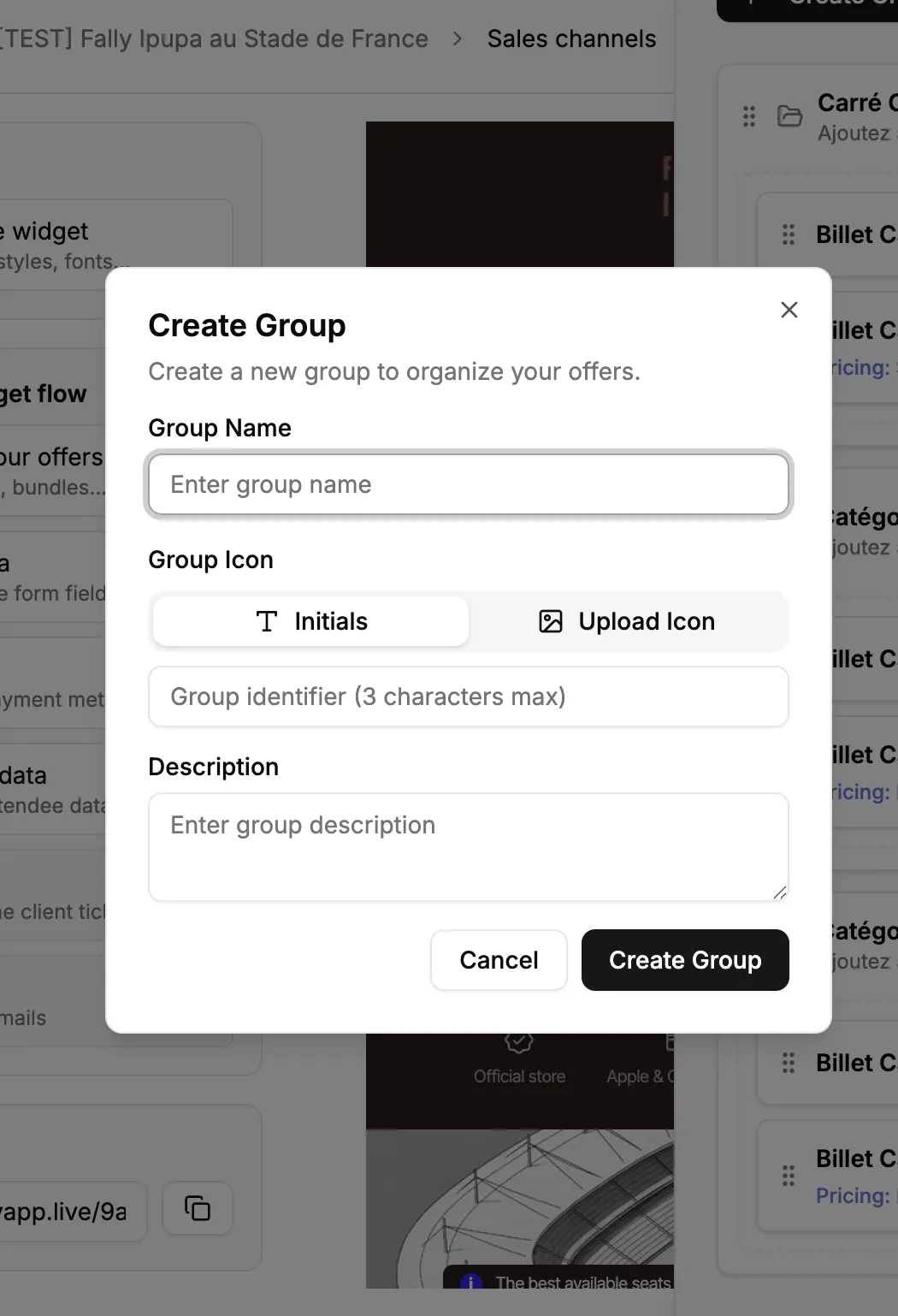 The Create Group dialog, where offers are grouped under a title with instructions for the buyer