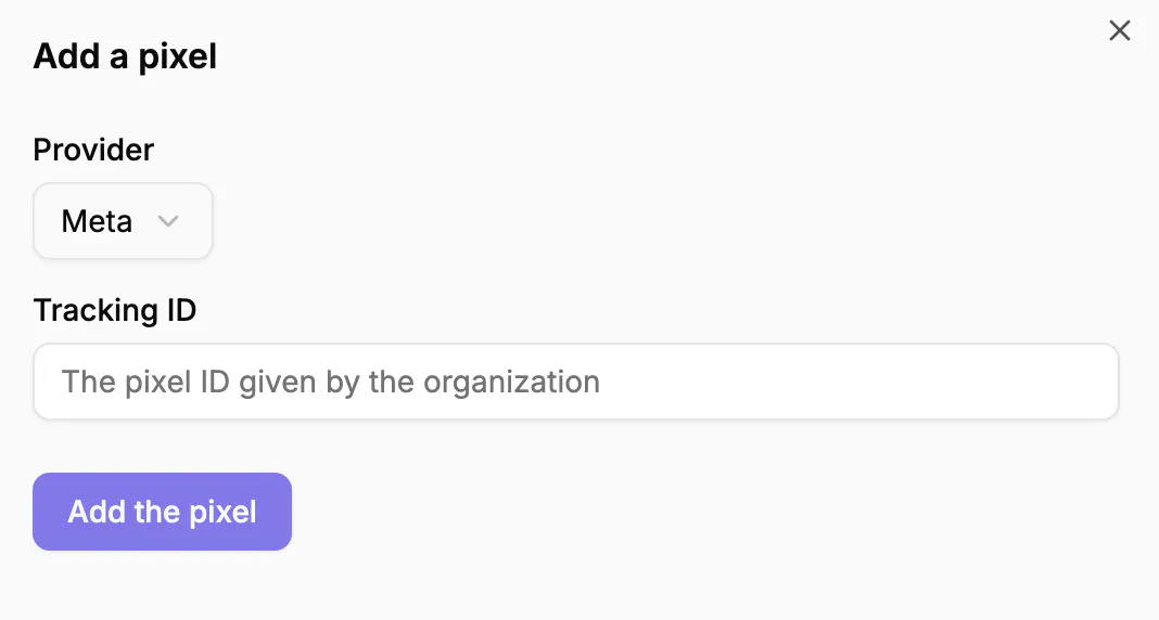 The Add a pixel panel with the Provider and Tracking ID fields