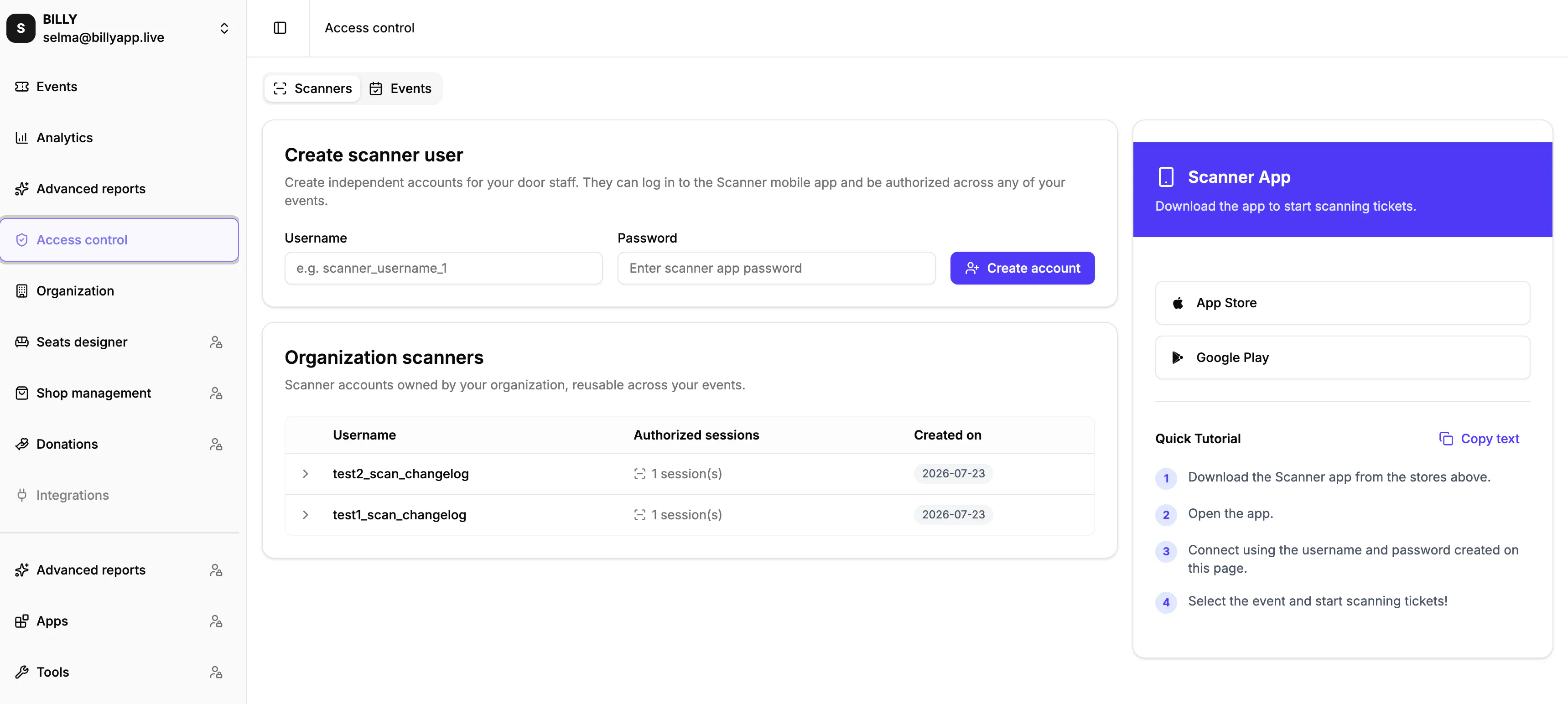 The Scanner App quick tutorial on the Access control page of the Billy studio