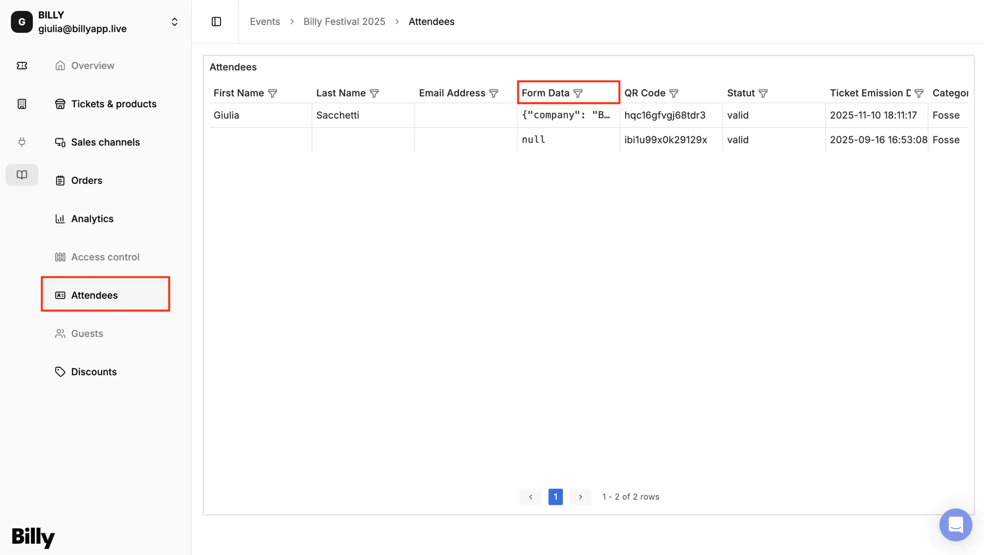 The Form Data tab under Attendees, showing the answers submitted by buyers and attendees