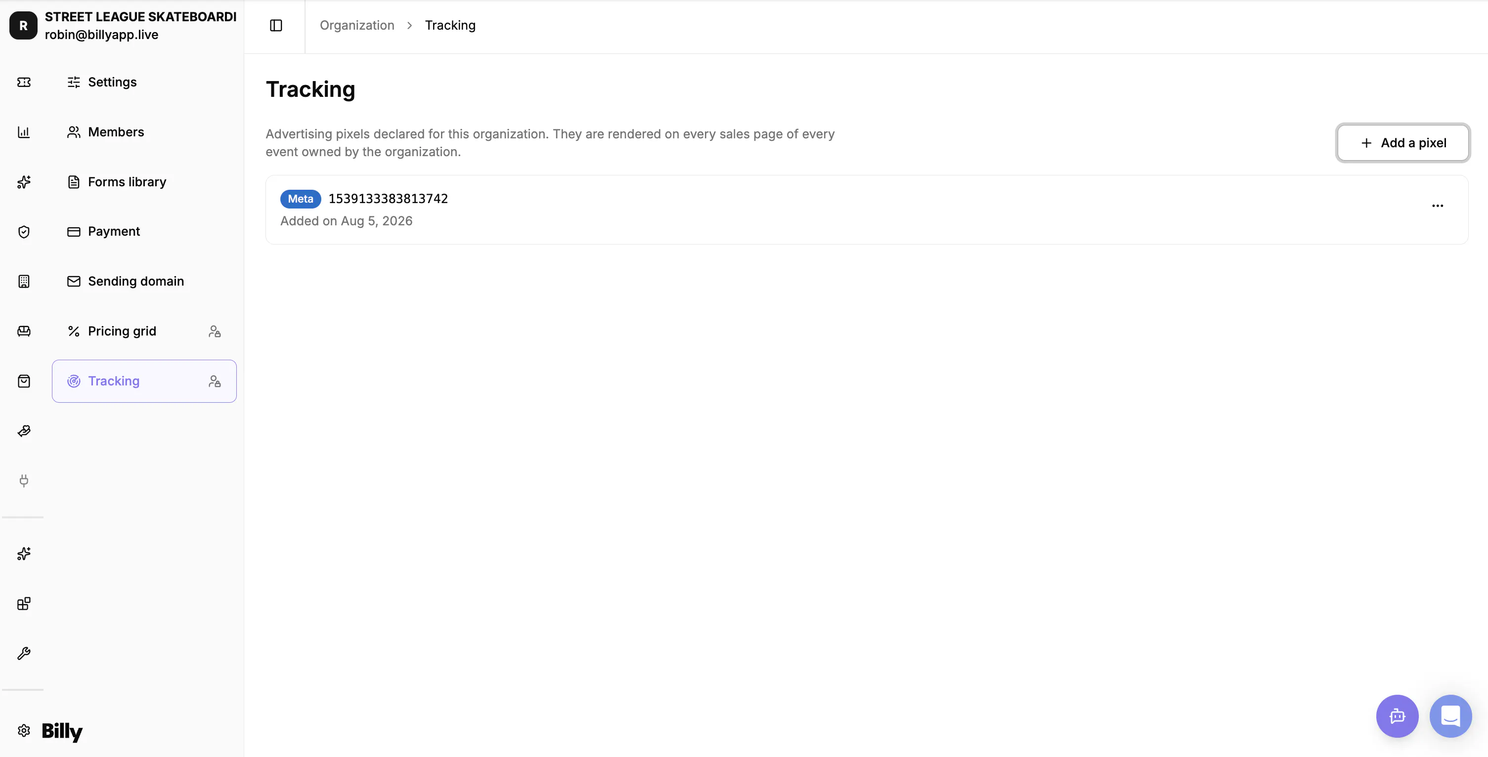 The Tracking page in organization settings, listing the declared advertising pixels