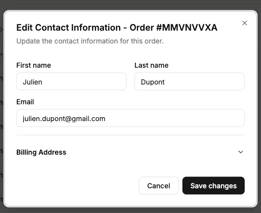 The customer contact form of the Order details panel, with the buyer's name and email address editable