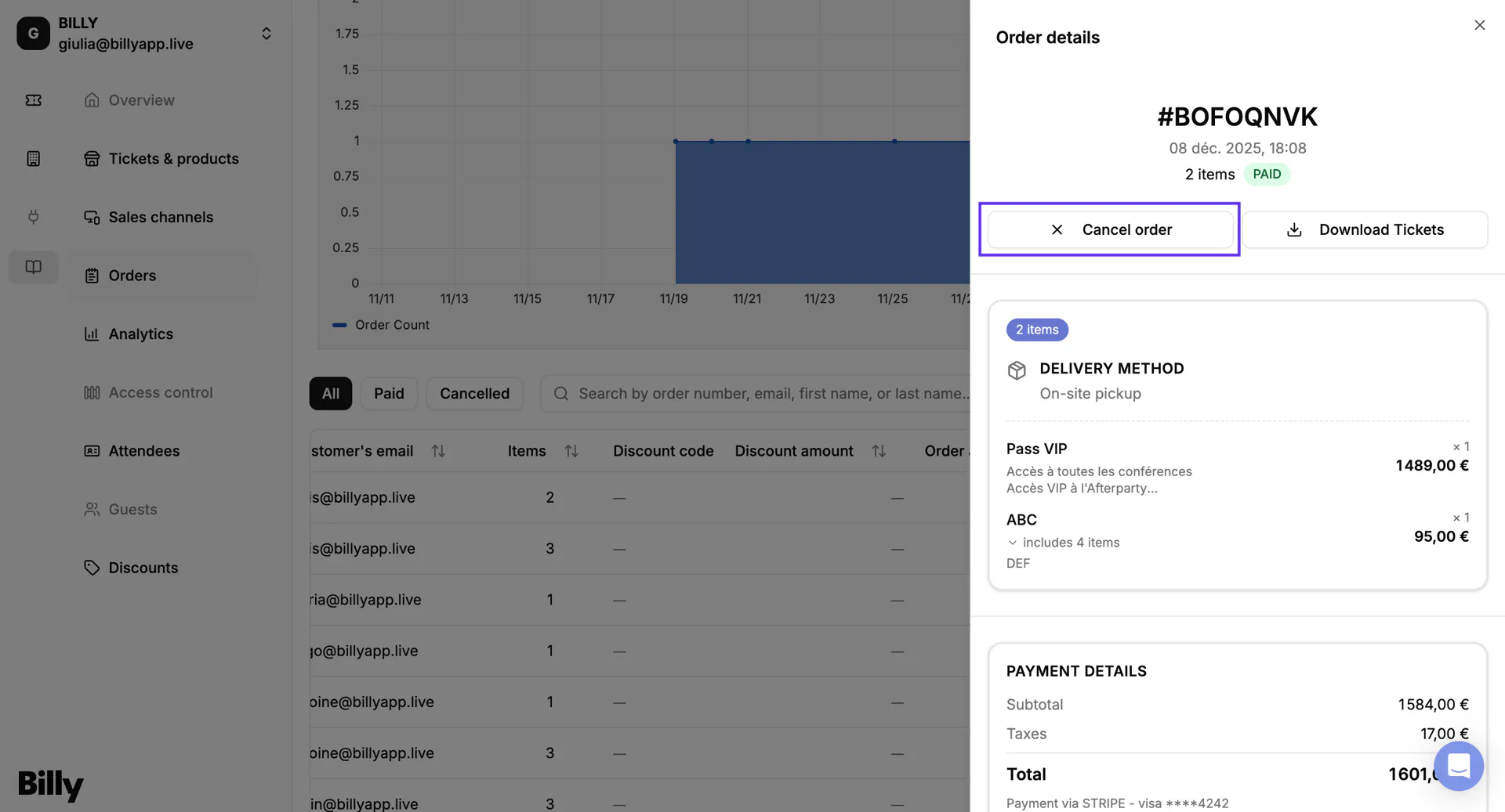 The Cancel order button at the top of the Order Details page