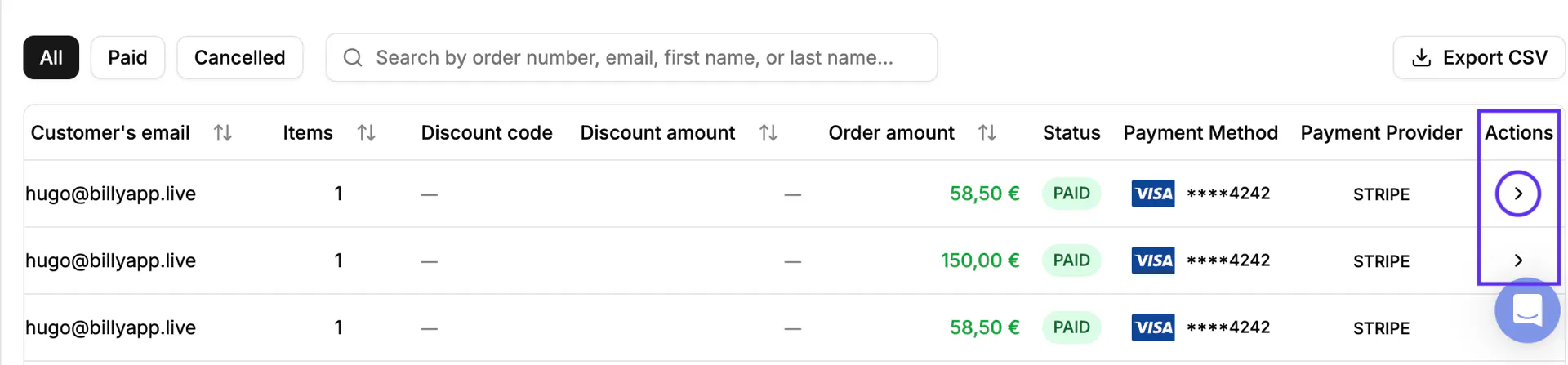 The Actions column of the Orders table, with the “>” icon on each row
