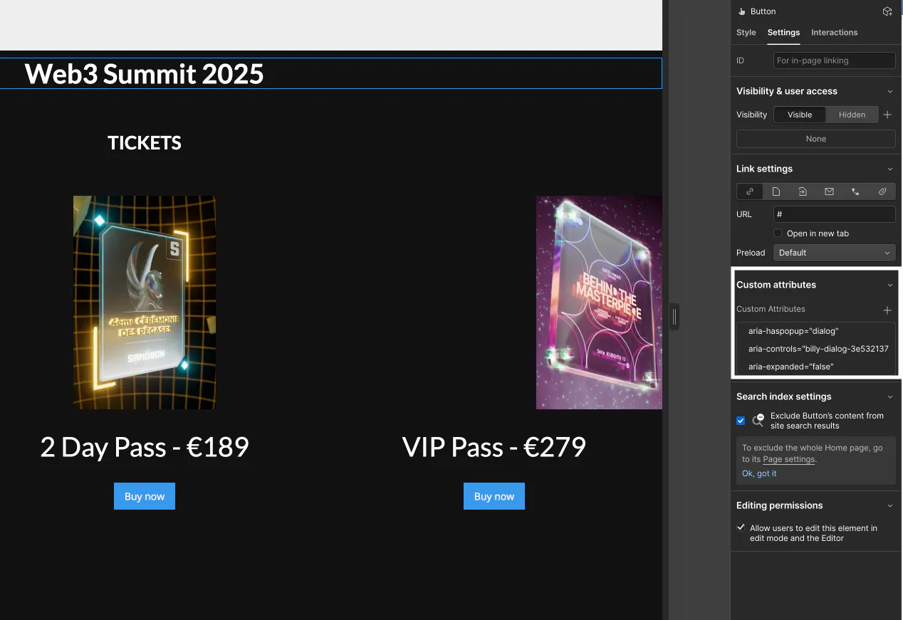 The Webflow element settings sidebar for the Buy Now button