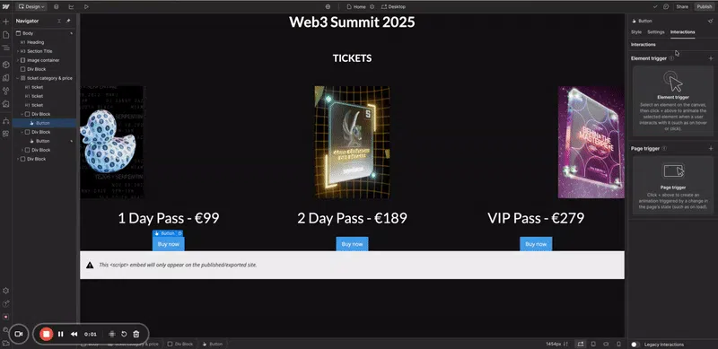 Animation of the finished pop-up checkout integration in Webflow