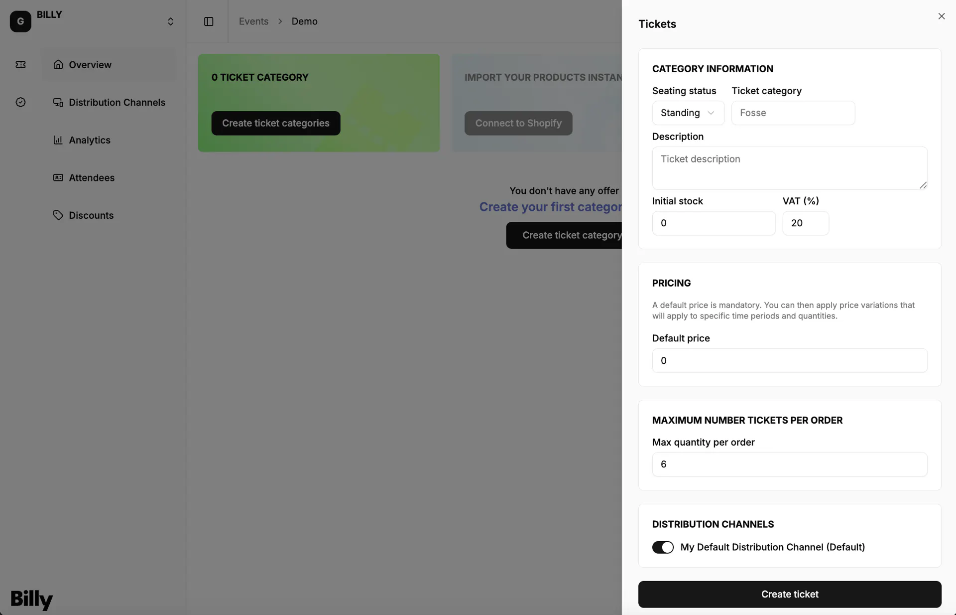 The ticket category form with name, stock, price, VAT and distribution channels
