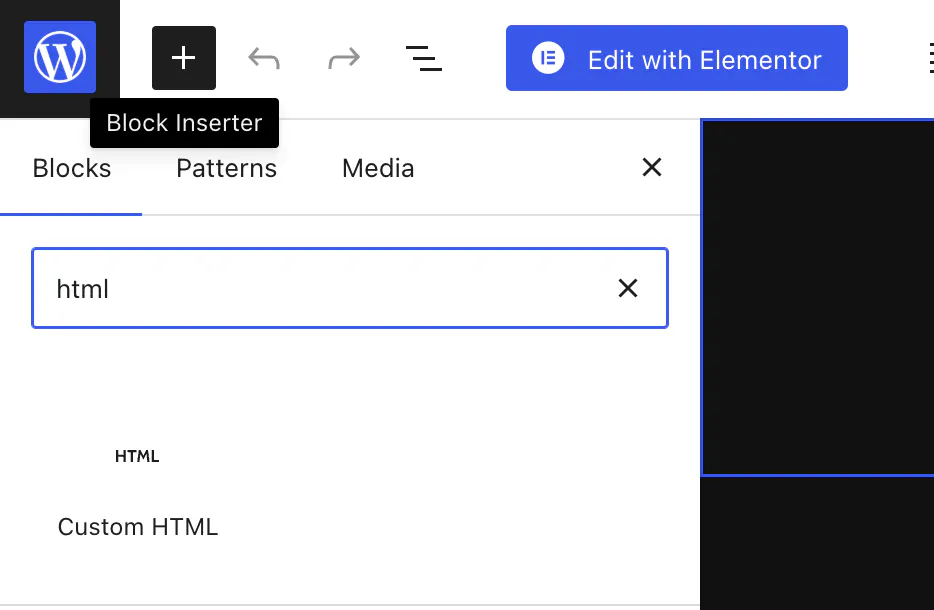 The WordPress block inserter with the Custom HTML block