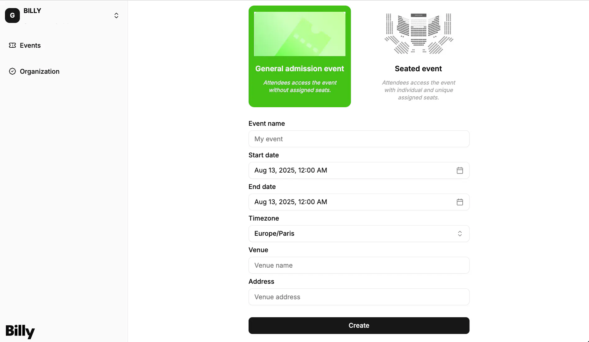 Event creation form with title, date, time and location fields