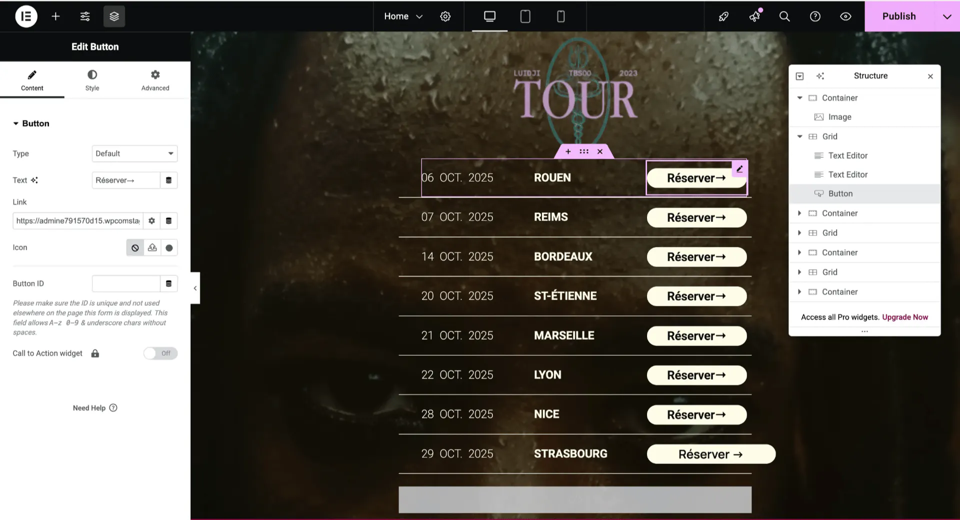 The Elementor button settings with the Link field filled in
