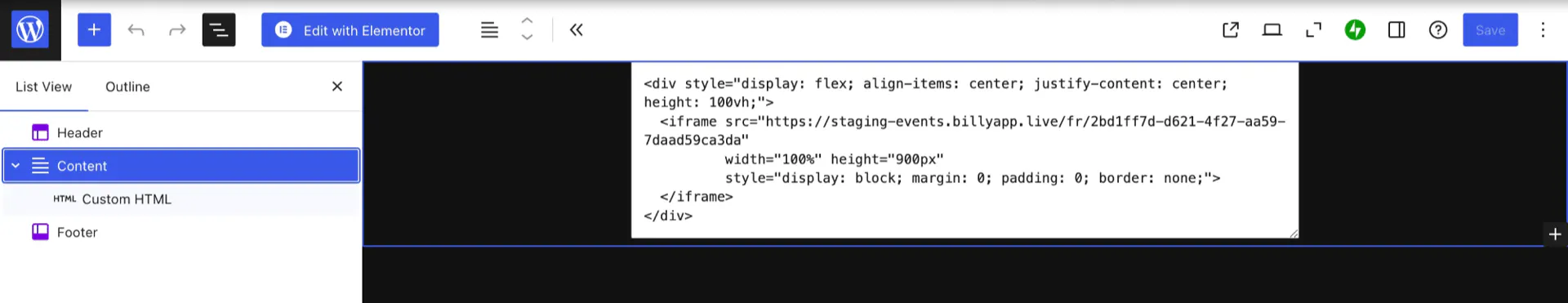 The Custom HTML block added to a WordPress page