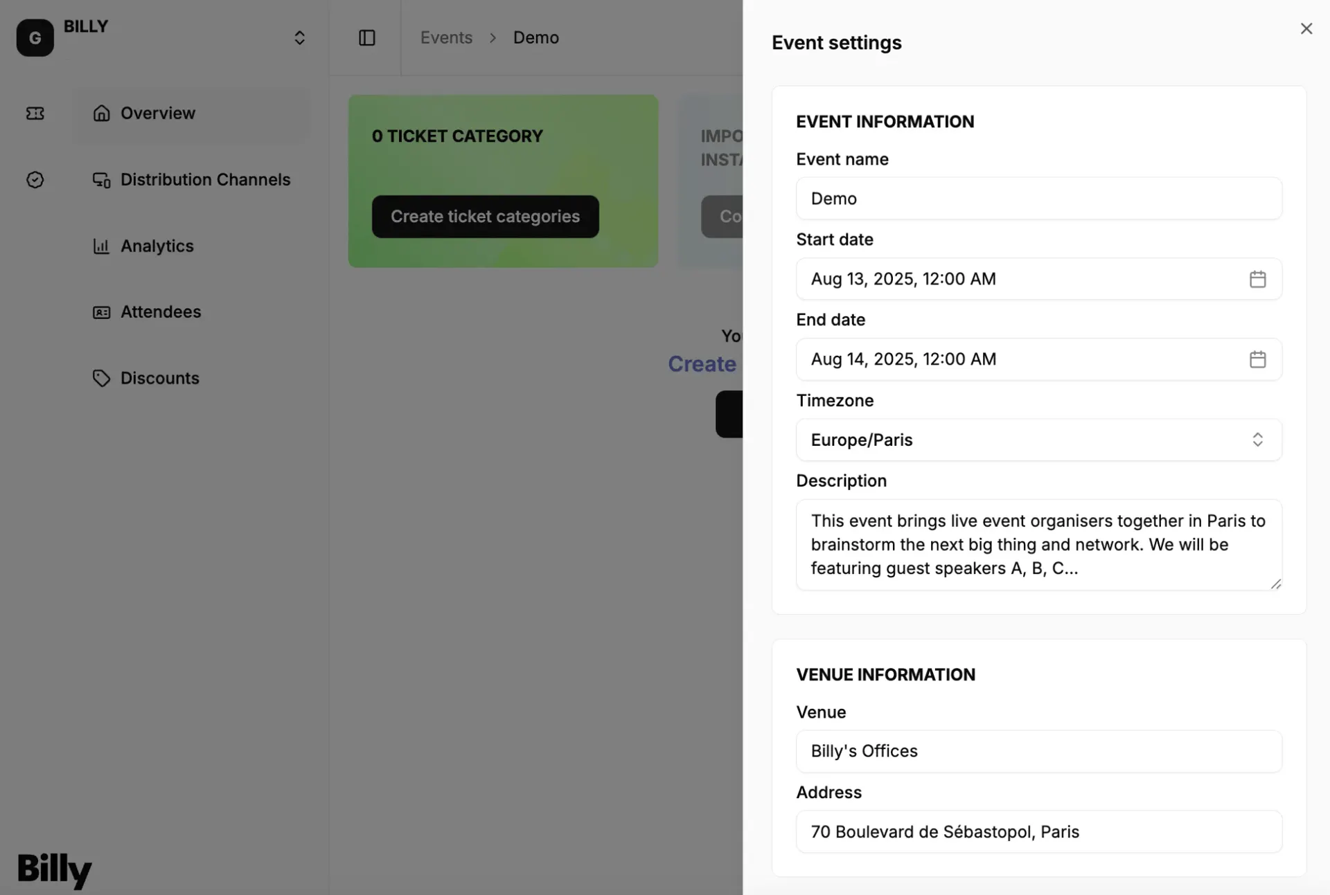 Event overview with the Event Settings button
