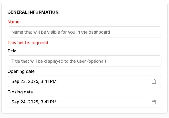 The channel details form, with fields for the channel name and its opening and closing dates