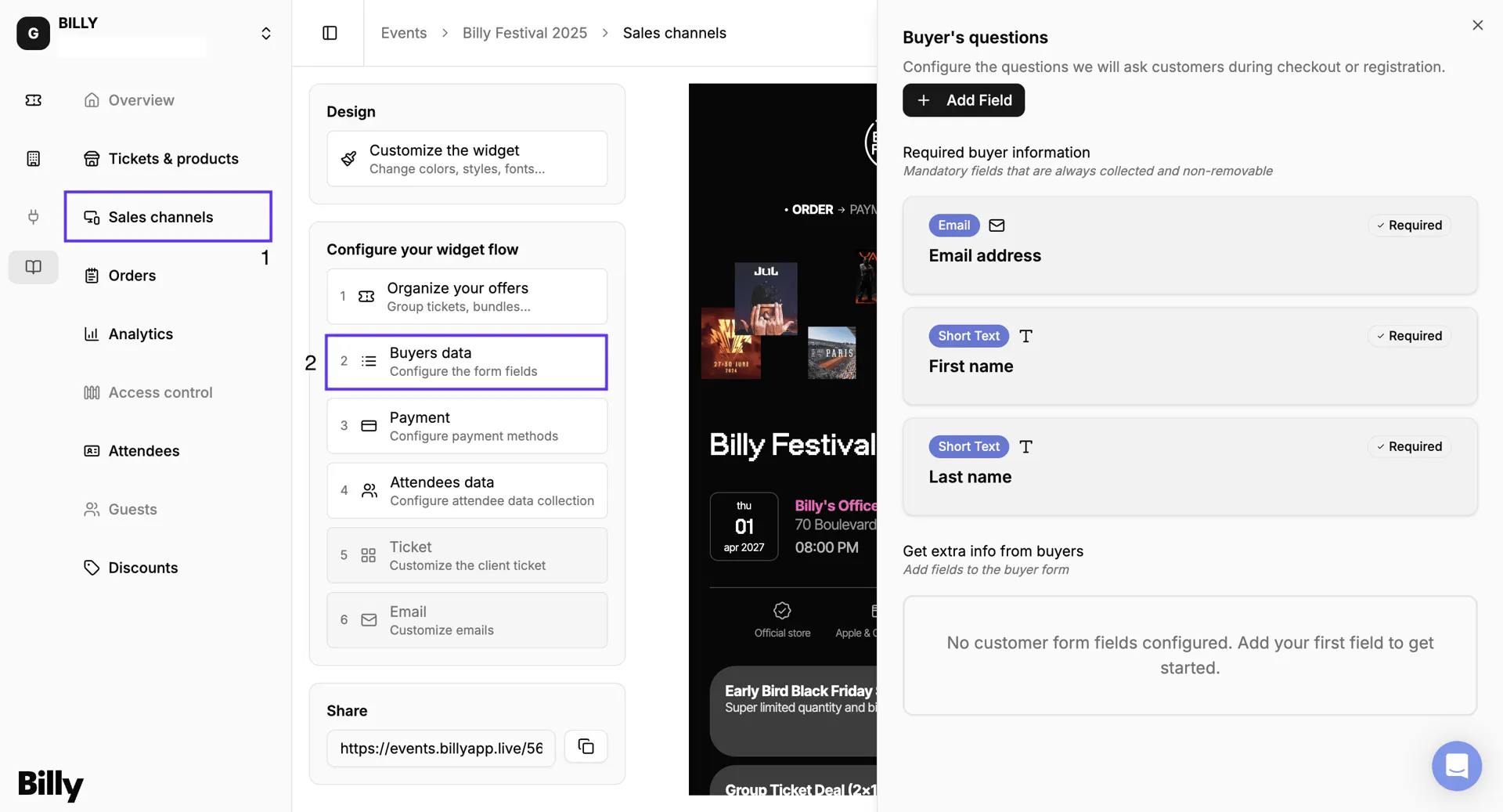 The buyer information settings, with First name, Last name and Email shown as mandatory fields