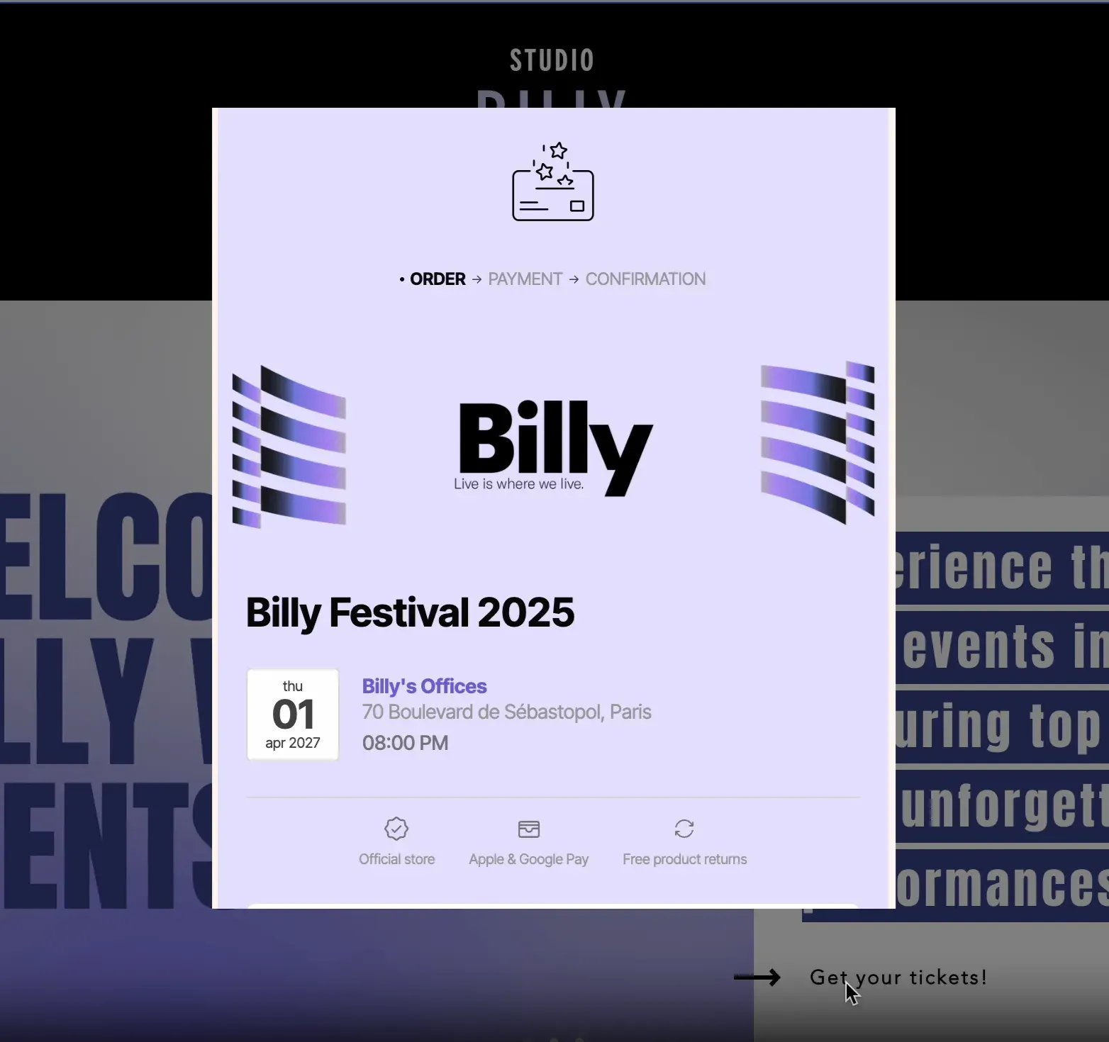 La billetterie Billy ouverte dans une fenêtre pop-up au-dessus d'une page