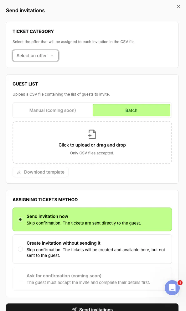 The allocation method options, including Create invitation without sending it