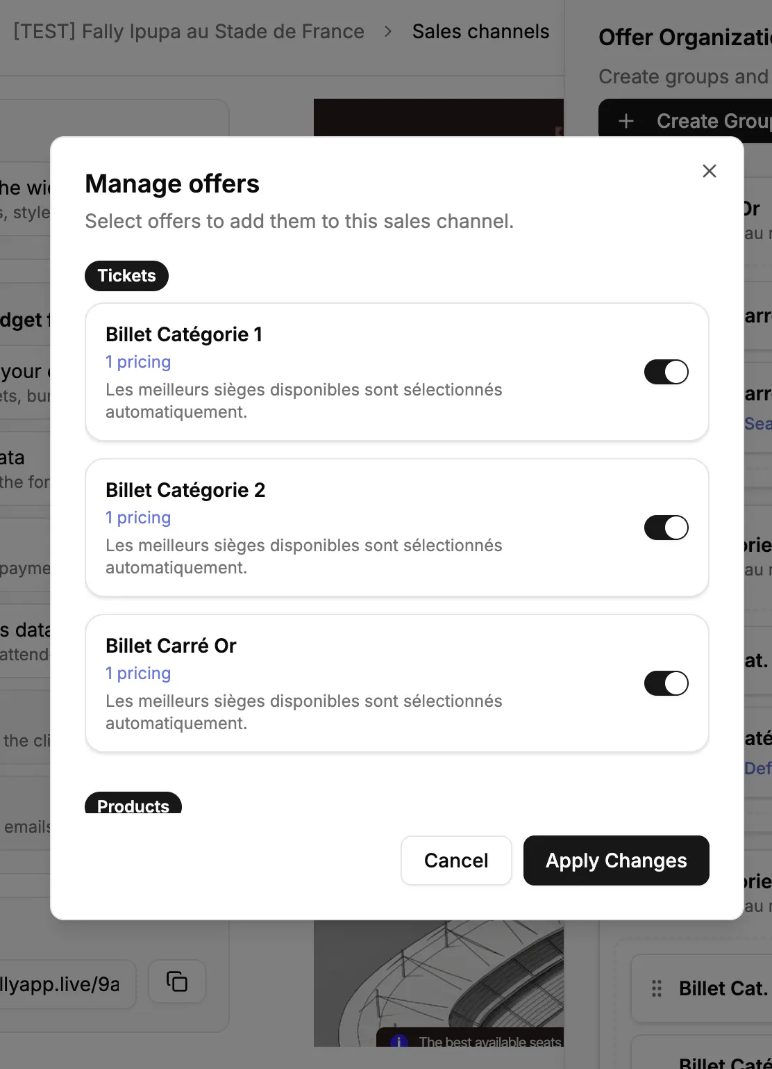 The offer organization panel, with a visibility toggle on each ticket category and an Apply Changes button