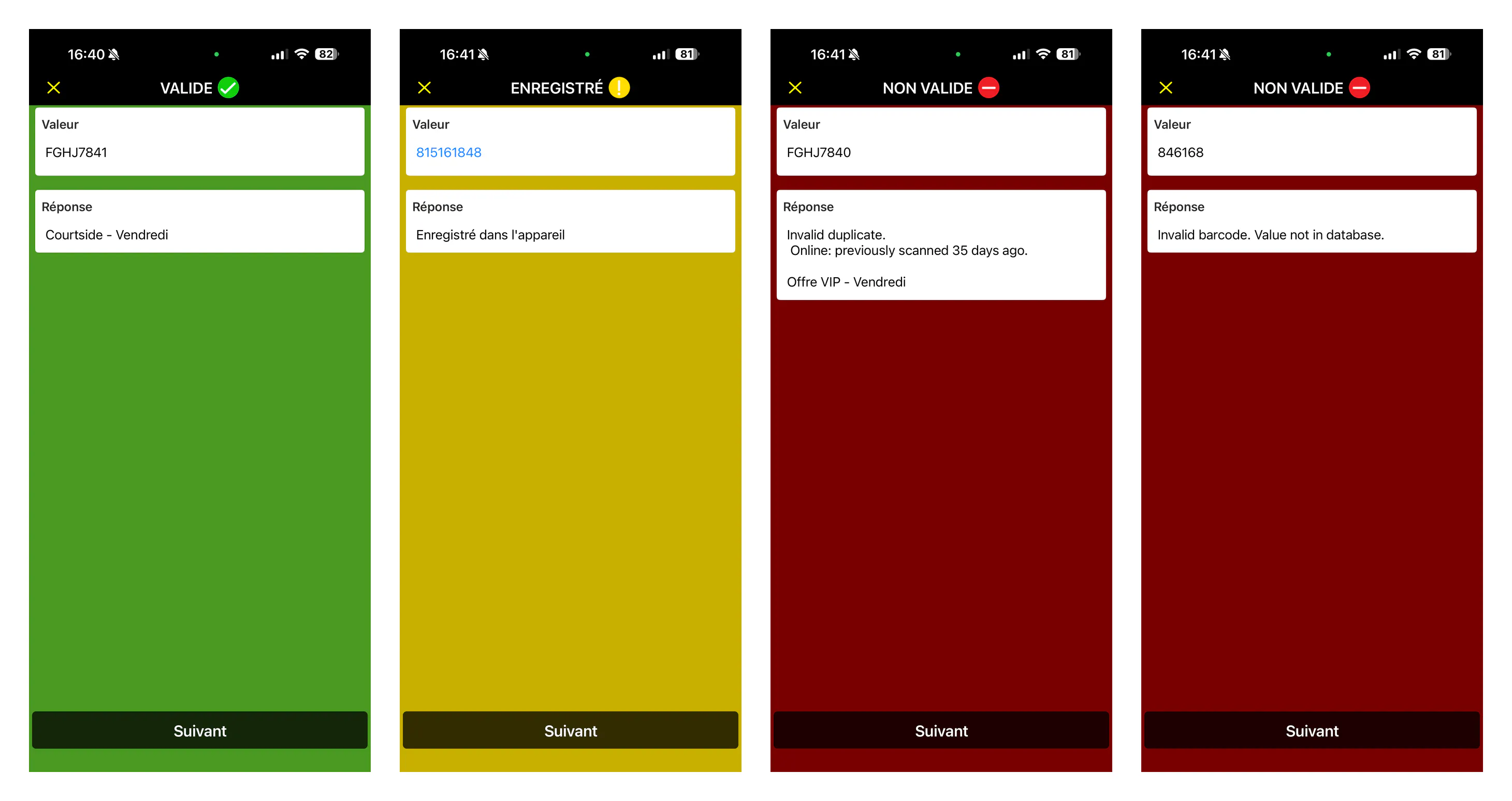 The four Scanner app result screens side by side: valid ticket, saved on the device, invalid duplicate, and invalid barcode