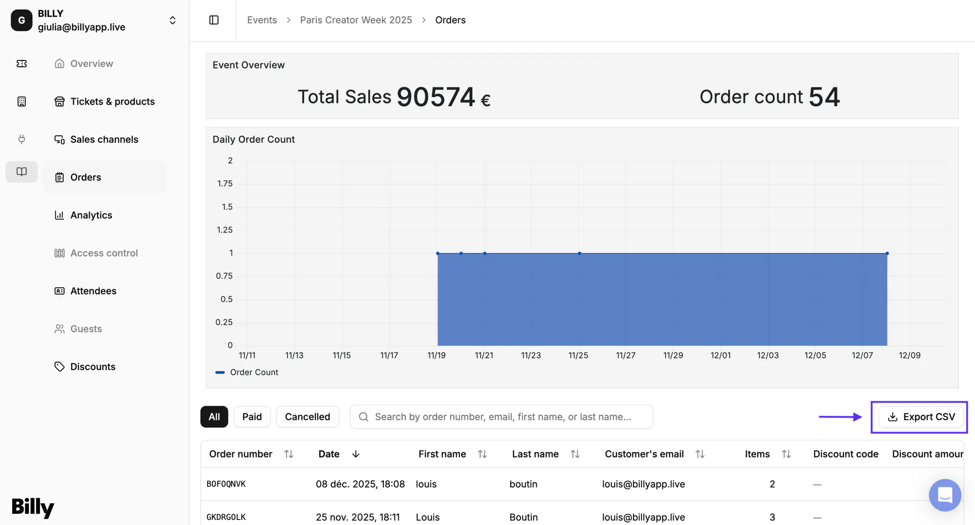 The Export CSV button at the middle-right of the Orders page