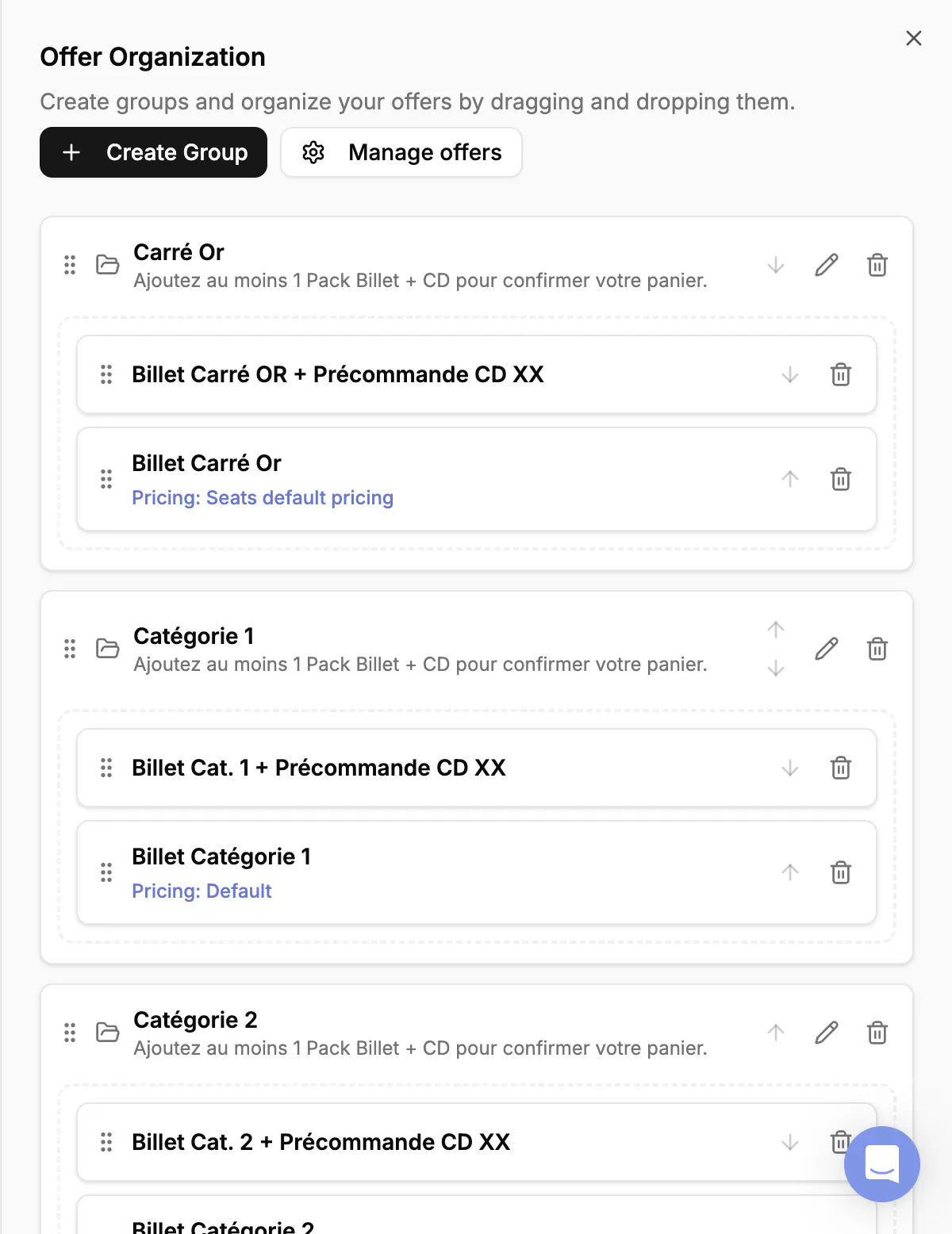 The Organize your offers button on a sales channel page