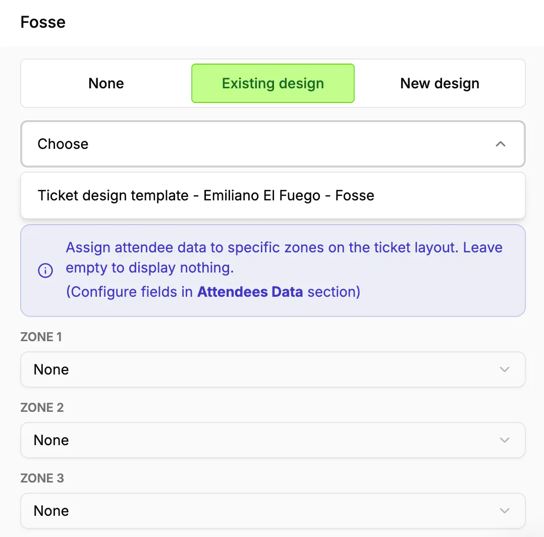 The Ticket Preview panel of the widget flow, offering None, Existing template and New template for the selected category