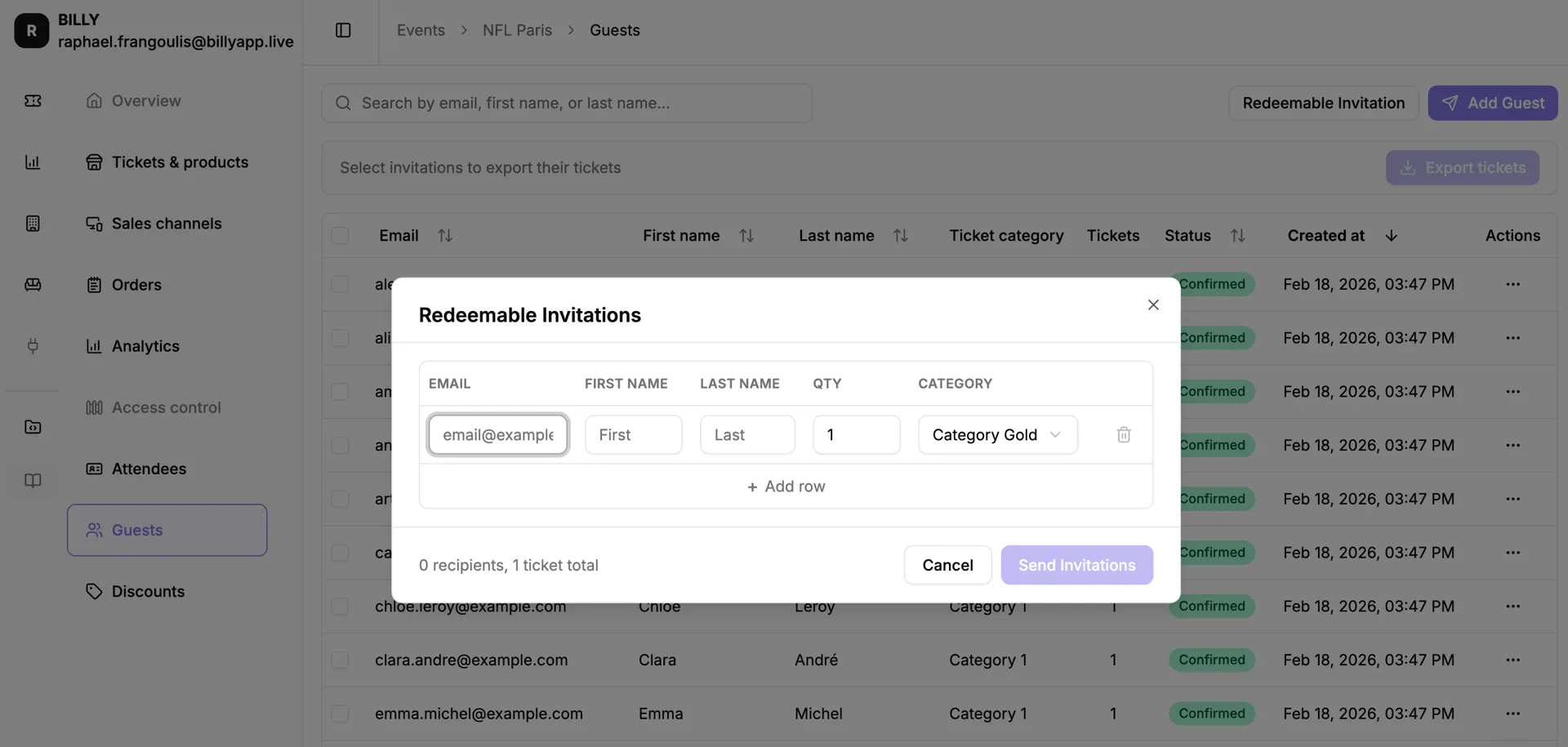 The Redeemable Invitations form, setting a quota of invitations for one contact to redistribute