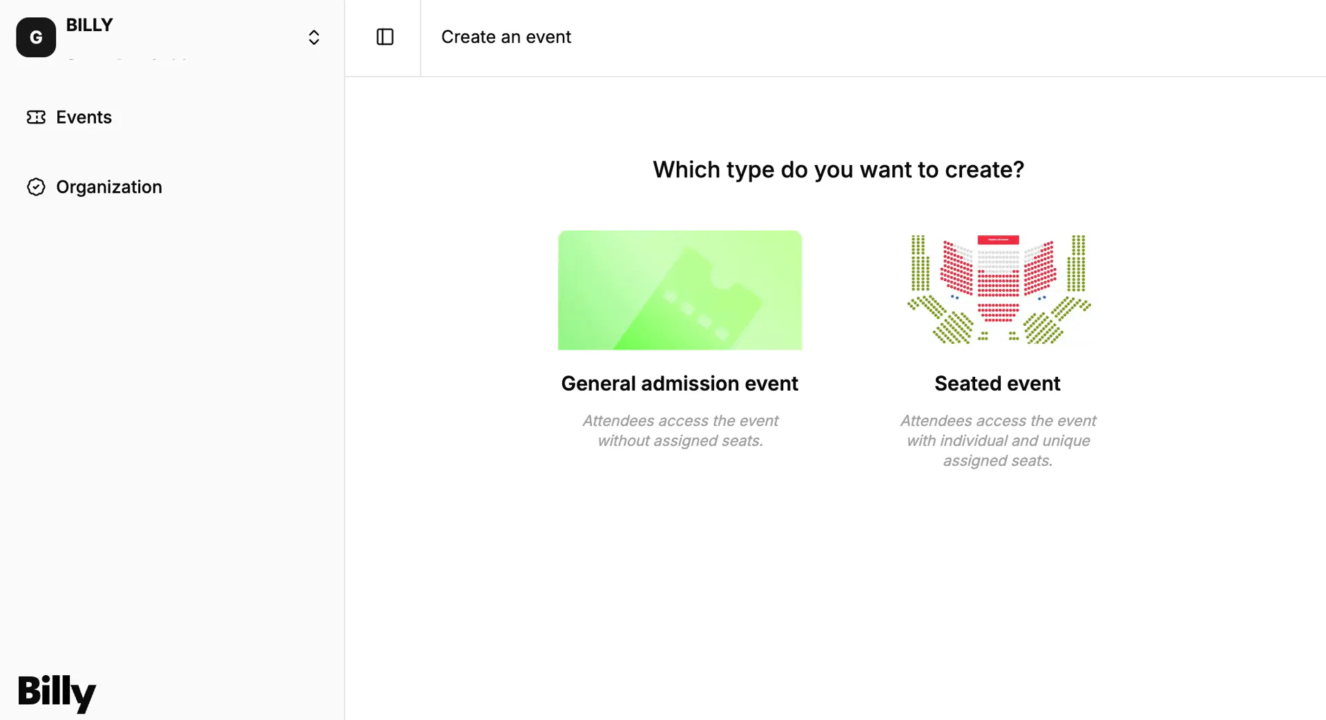 Choosing between a general admission event and an assigned seating event