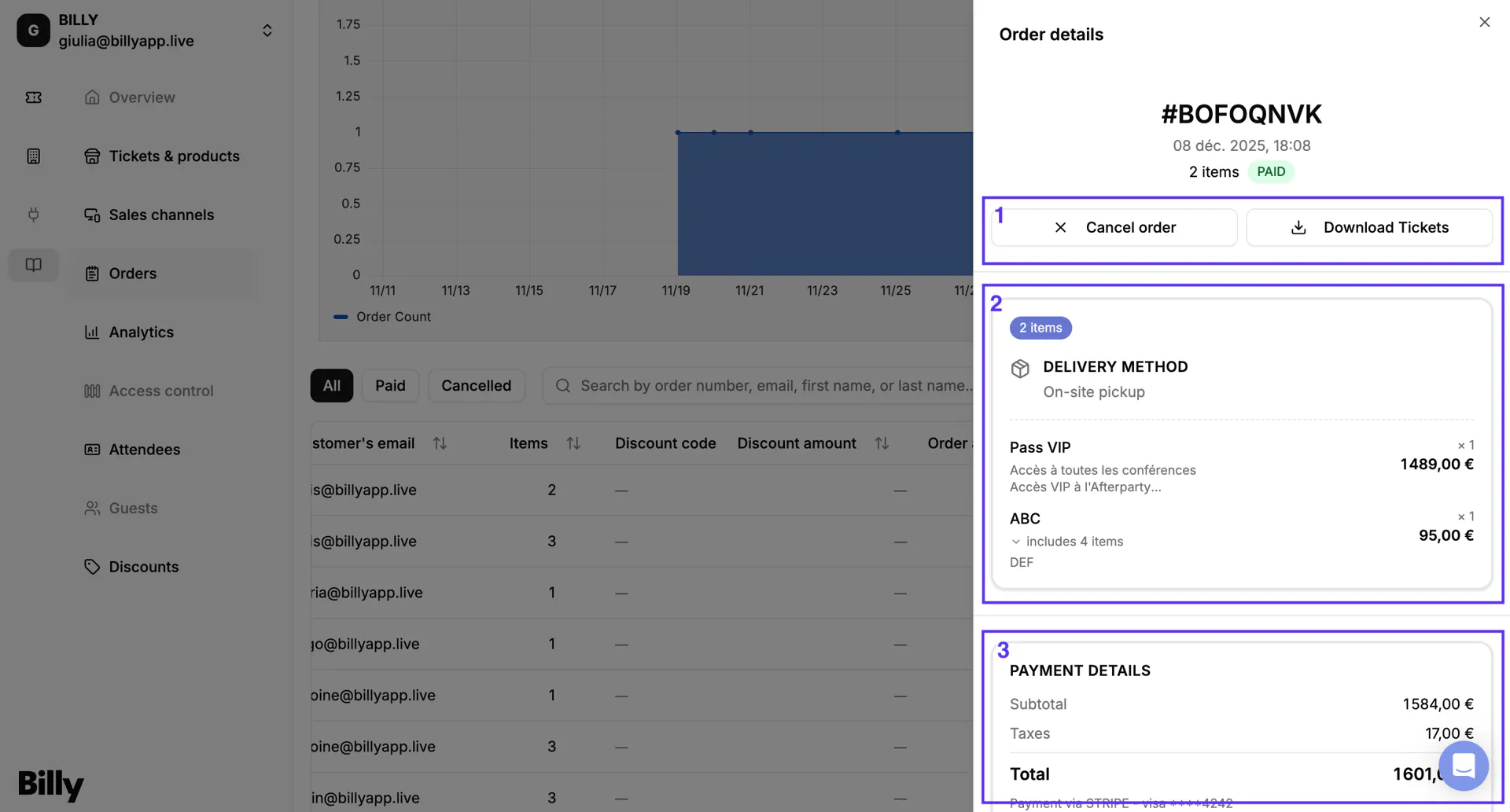The Actions button on an order row, which opens the full Order Details view