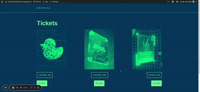 Animation montrant la billetterie Billy s'ouvrant en pop-up sur un site WordPress