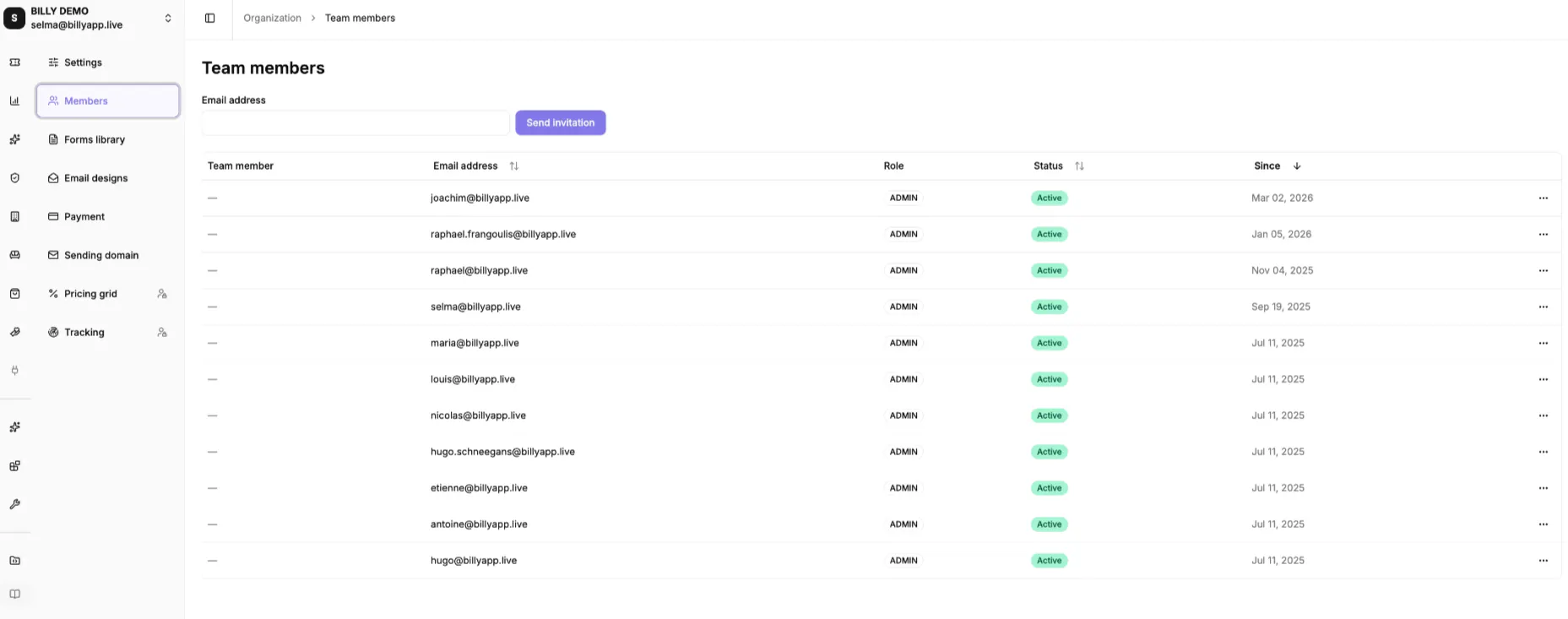 The Team members table, listing each person with their email address, role, status and join date