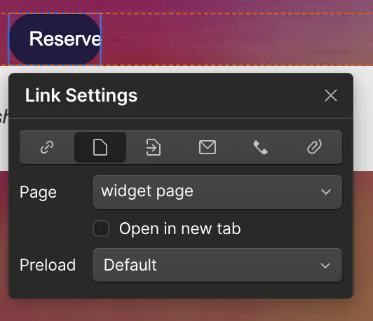 The Webflow Link Settings panel for a button