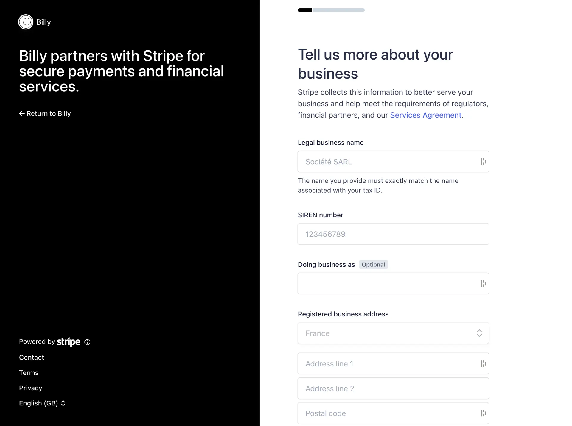Stripe's onboarding form, asking for the company's details and its owners