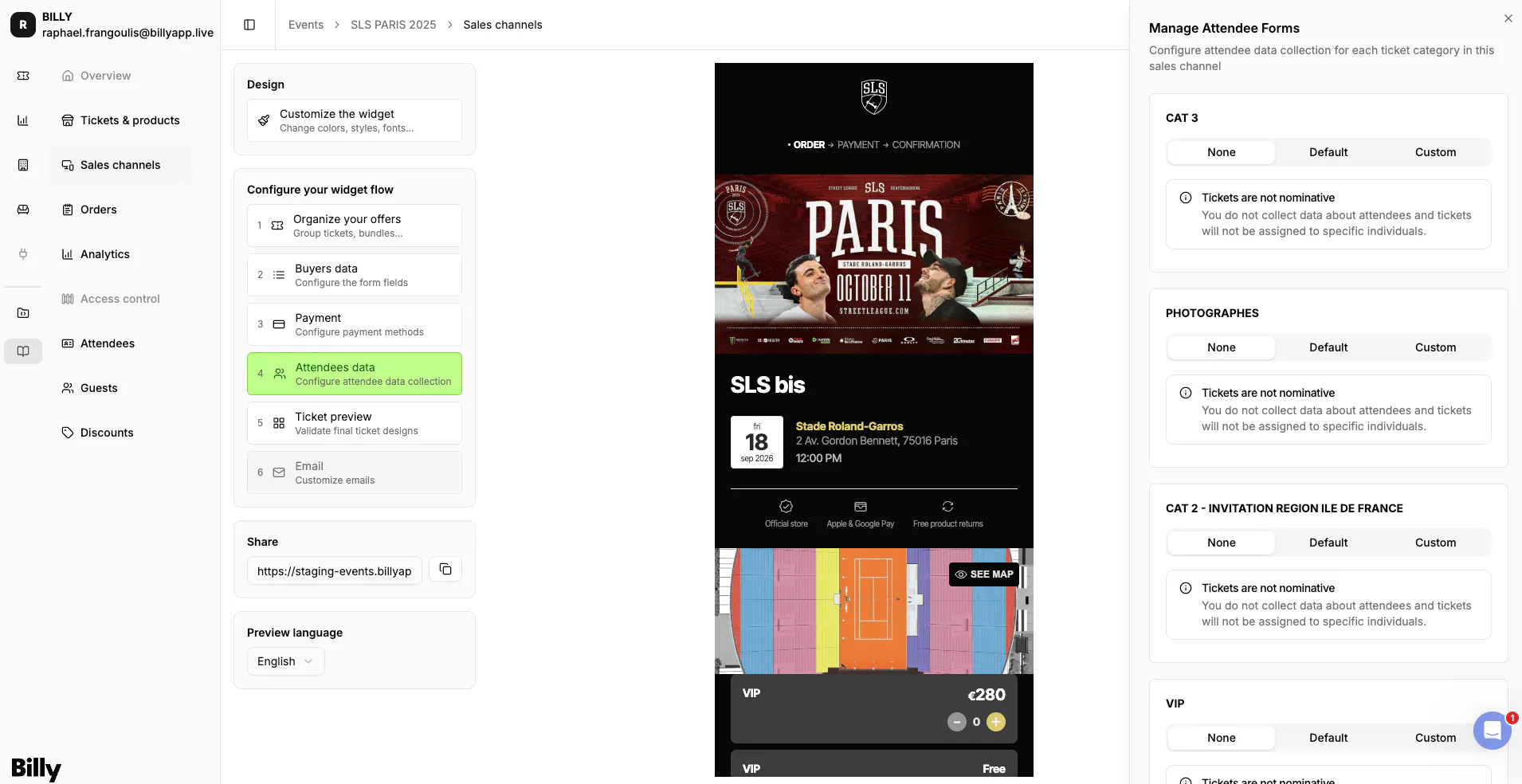 The template editor, mapping attendee data fields onto the numbered zones of the ticket