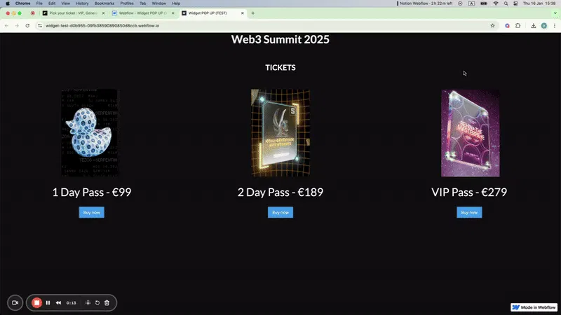 Animation showing the Billy checkout opening in a pop-up on a Webflow site