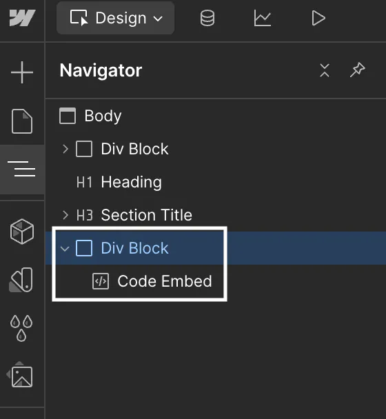 The Webflow Add Elements panel with the Code Embed element