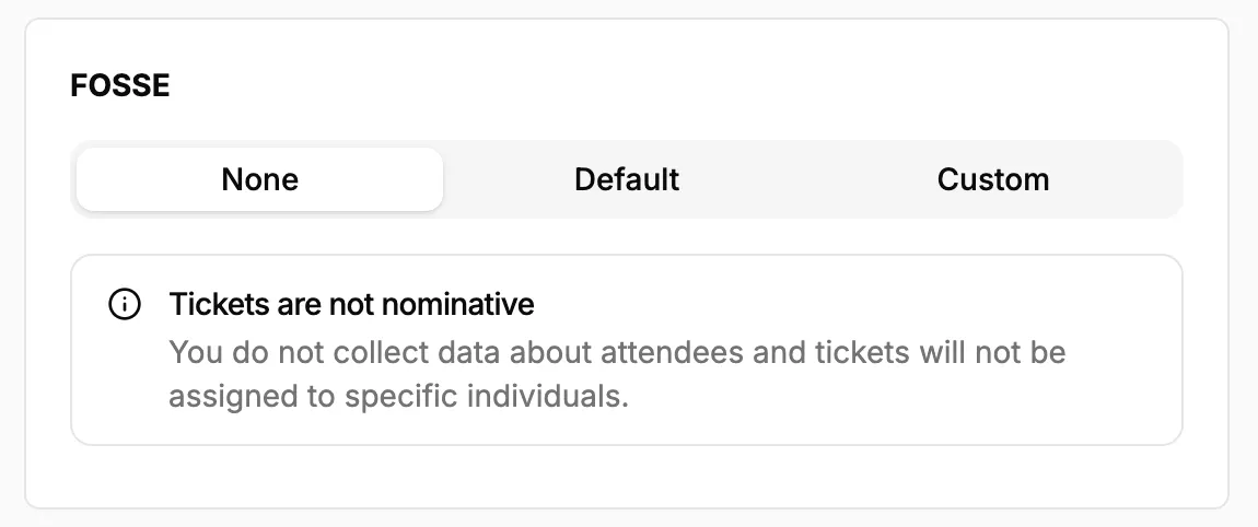 The attendee form settings, offering three collection options for each ticket category